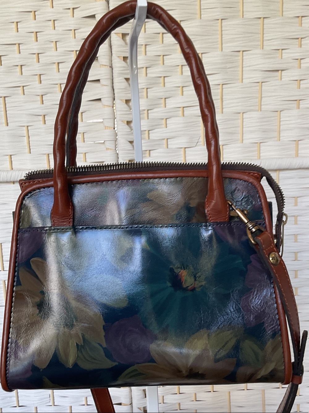 Brown Handle Floral Patent Leather Satchel - Women Bags